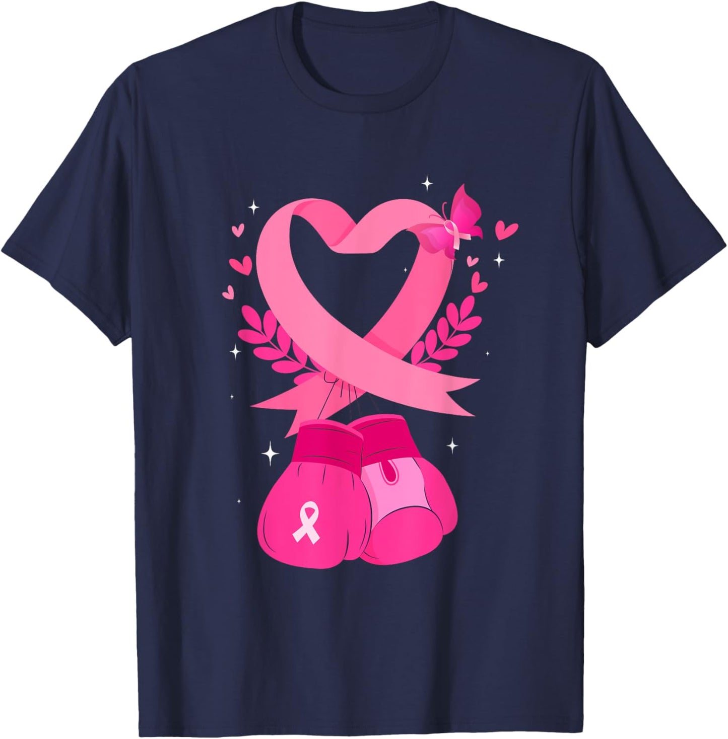 Breast Cancer Awareness Pink Ribbon Heart Boxing Gloves T-Shirt - T-Shirt | Navy