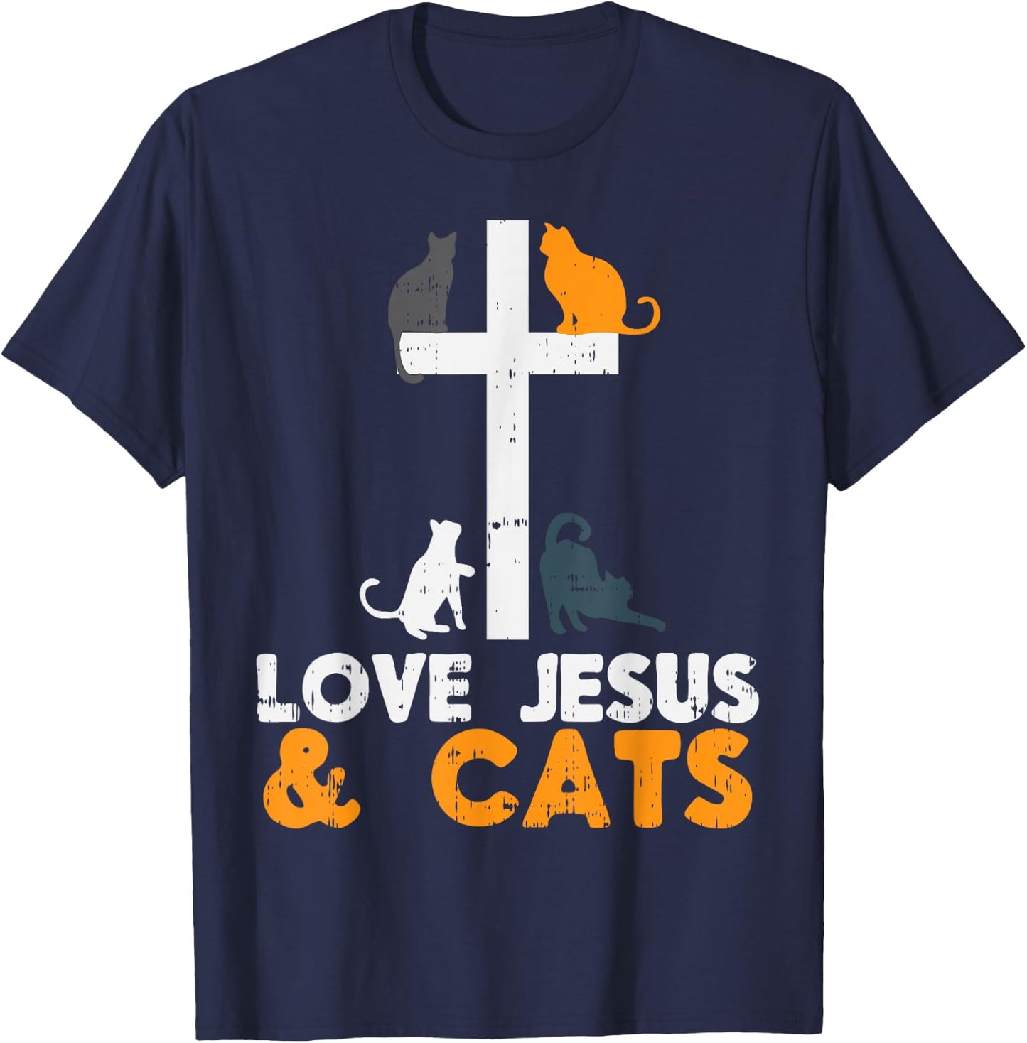 Cross Love Jesus Cats Animal God Christian Pet Lover Gift T-Shirt - T-Shirt | Navy