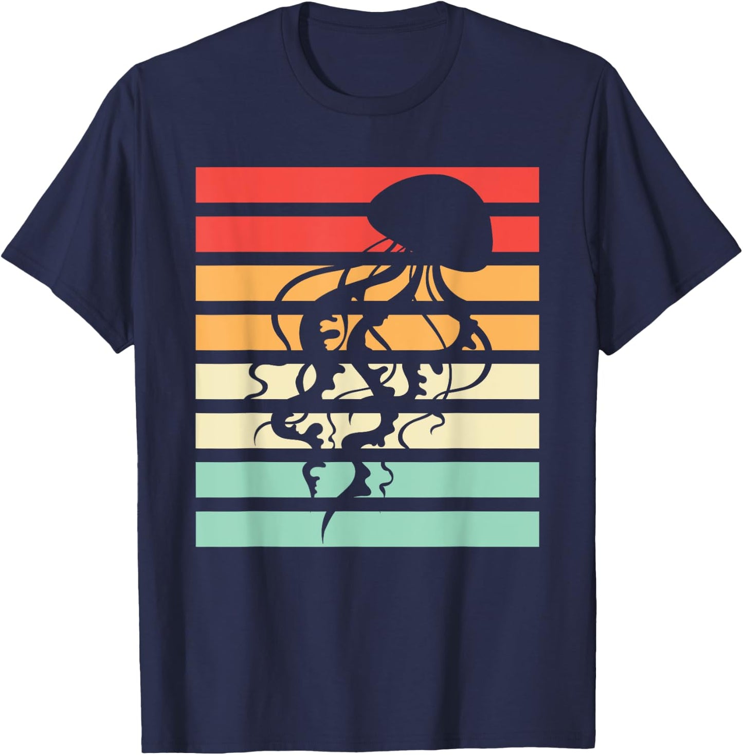 Ocean Animal Beautiful Jellyfish -Adults Black Retro Jellyfish T-Shirt - T-Shirt | Navy