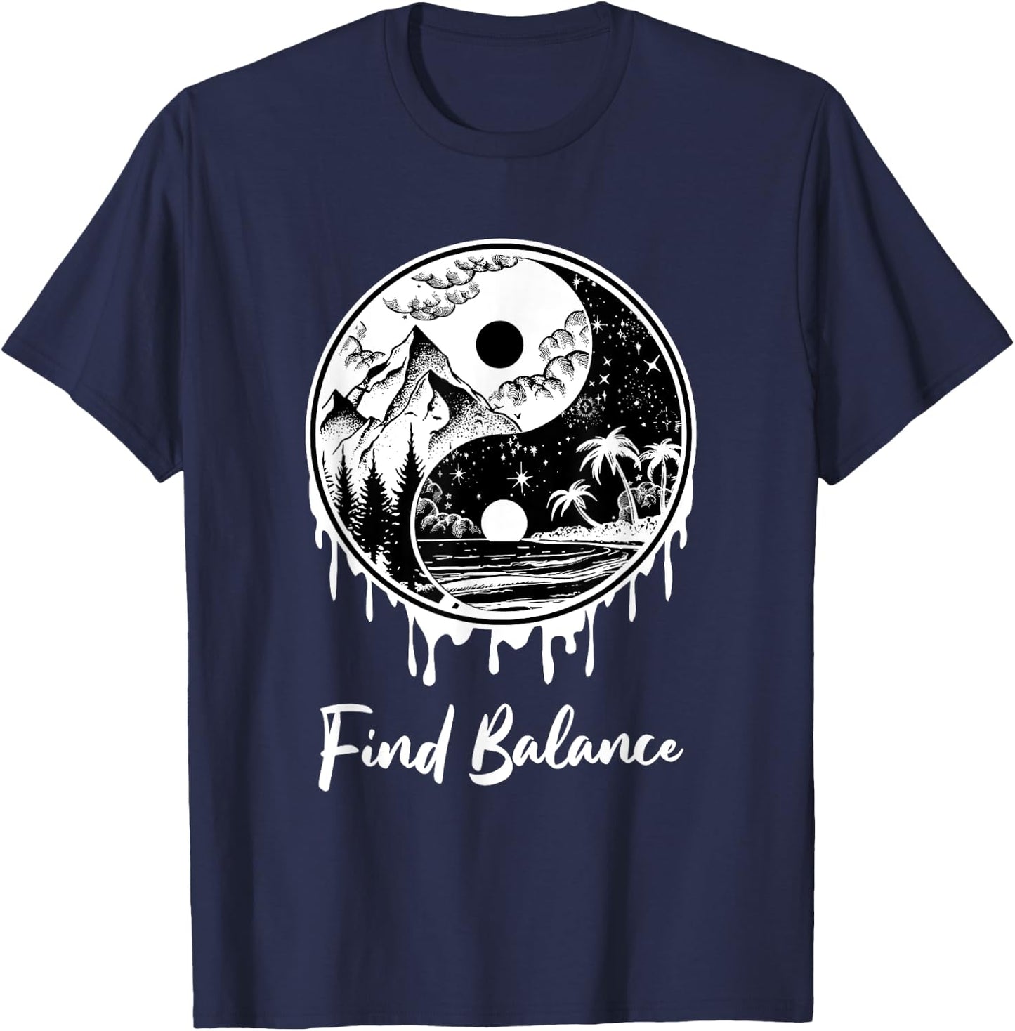 Yin Yang Find Balance Symbol Nature Night Day Mountain Beach Men Women T-Shirt - T-Shirt | Navy