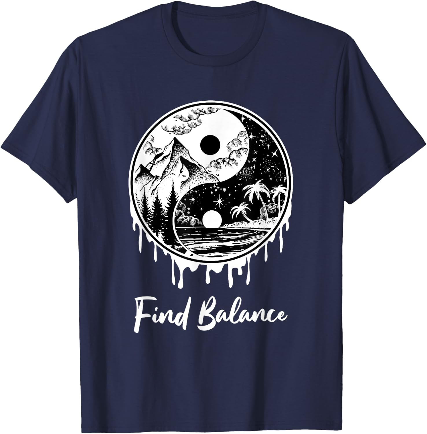 Yin Yang Find Balance Symbol Nature Night Day Mountain Beach Men Women T-Shirt - T-Shirt | Navy