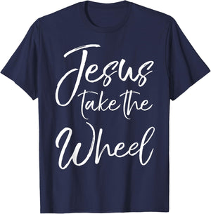 P37 Design Studio Jesus Shirts Christian Faith Quote Cute Jesus Take the Wheel T-Shirt - T-Shirt | Navy