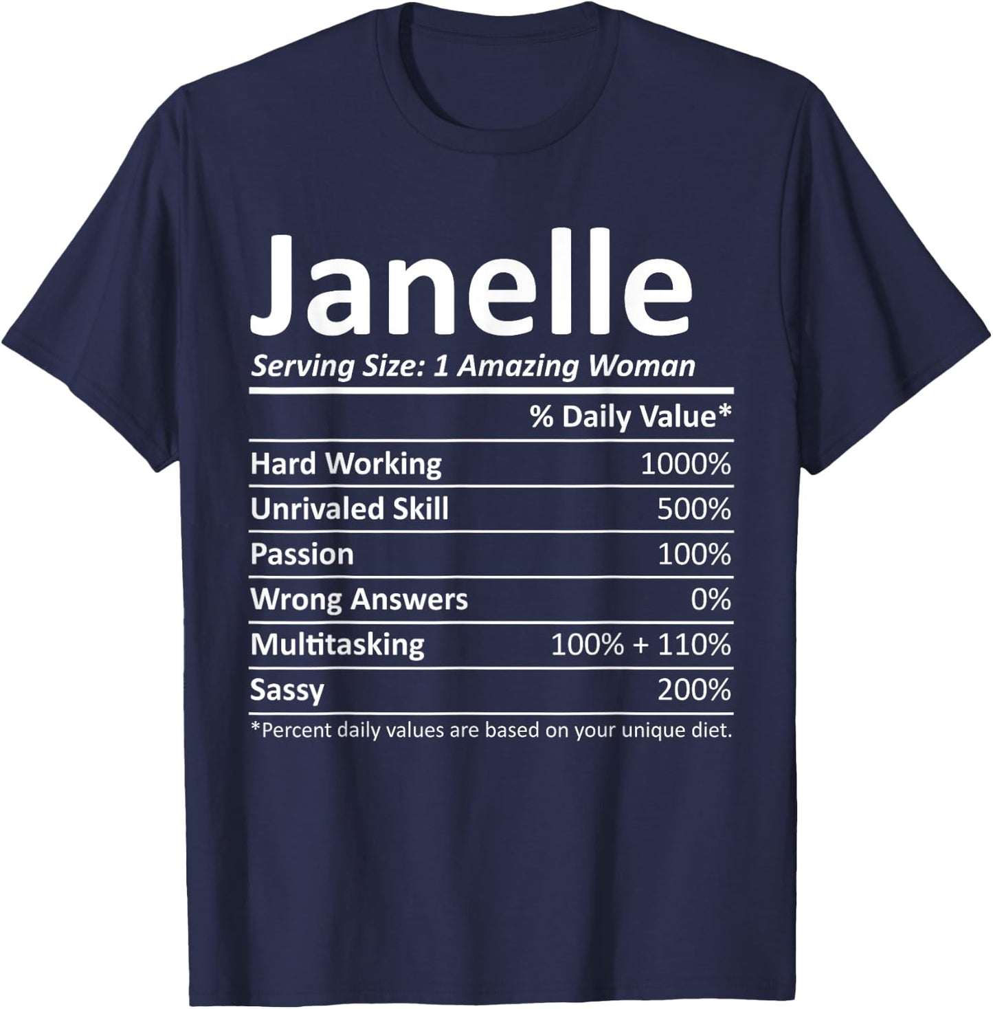 Custom Girl Women Mom Fun Birthday Nutrition Facts Janelle Personalized Name Funny T-Shirt - T-Shirt | Navy