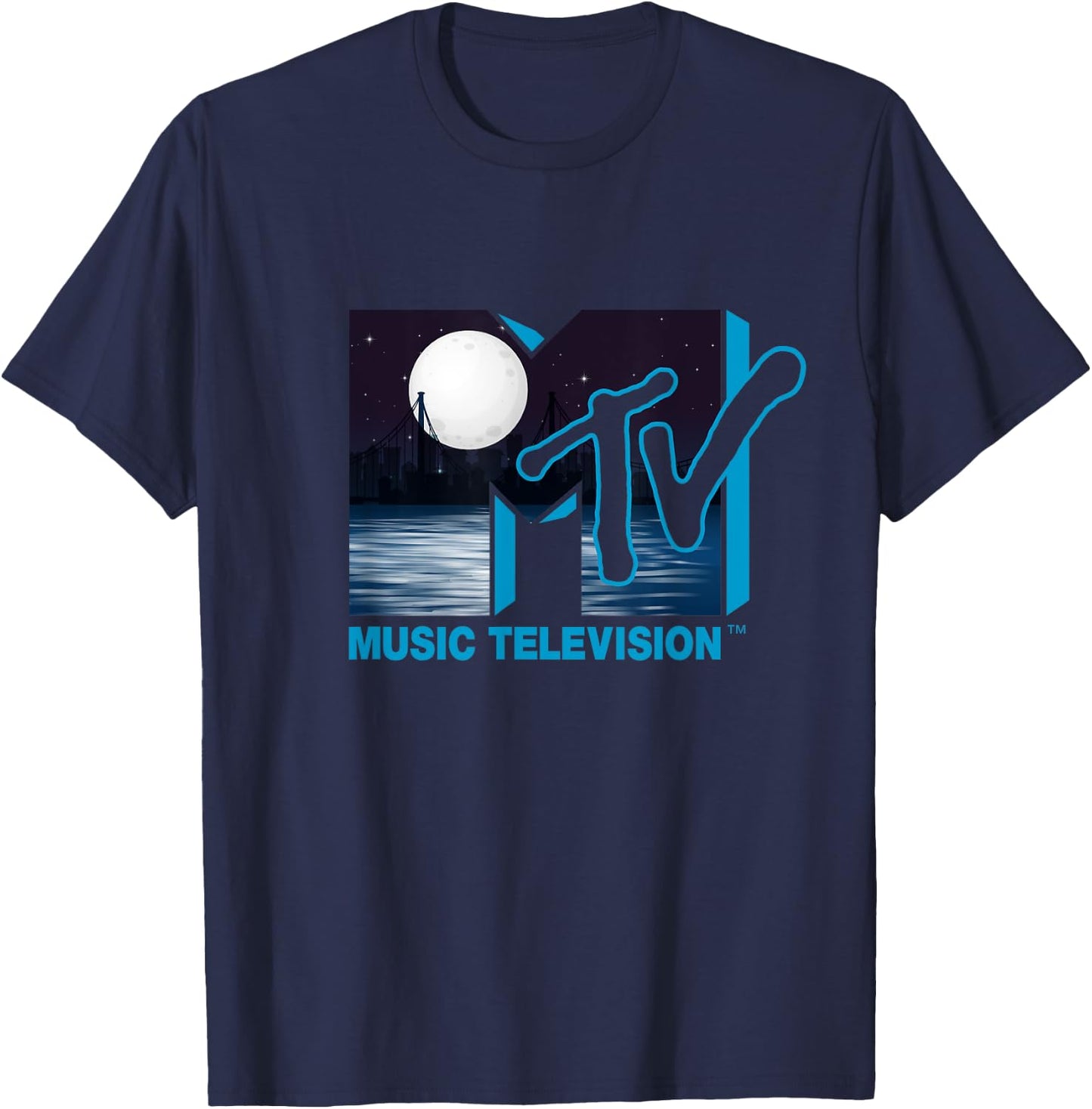 Mademark x MTV - The official original MTV Logo with Full Moon above the City T-Shirt - T-Shirt | Navy