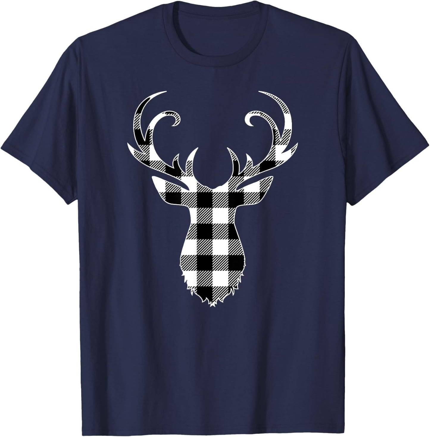 Black & White Classic Christmas Buffalo Plaid Deer Head T-Shirt - T-Shirt | Navy
