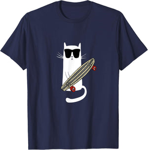 Funny Cat Wearing Sunglasses Skateboarding Men Women Kids T-Shirt - T-Shirt | Navy