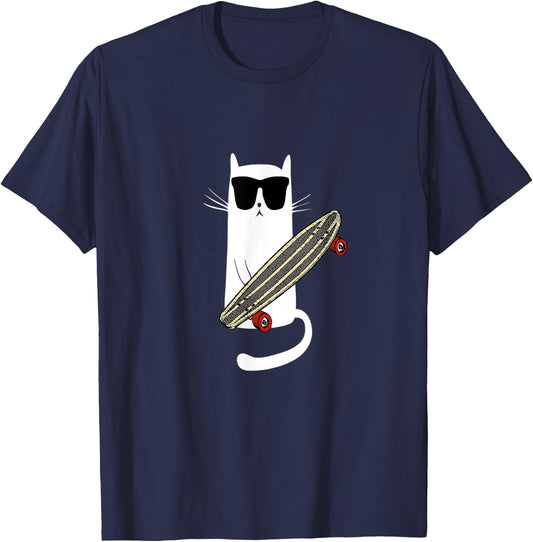 Funny Cat Wearing Sunglasses Skateboarding Men Women Kids T-Shirt - T-Shirt | Navy