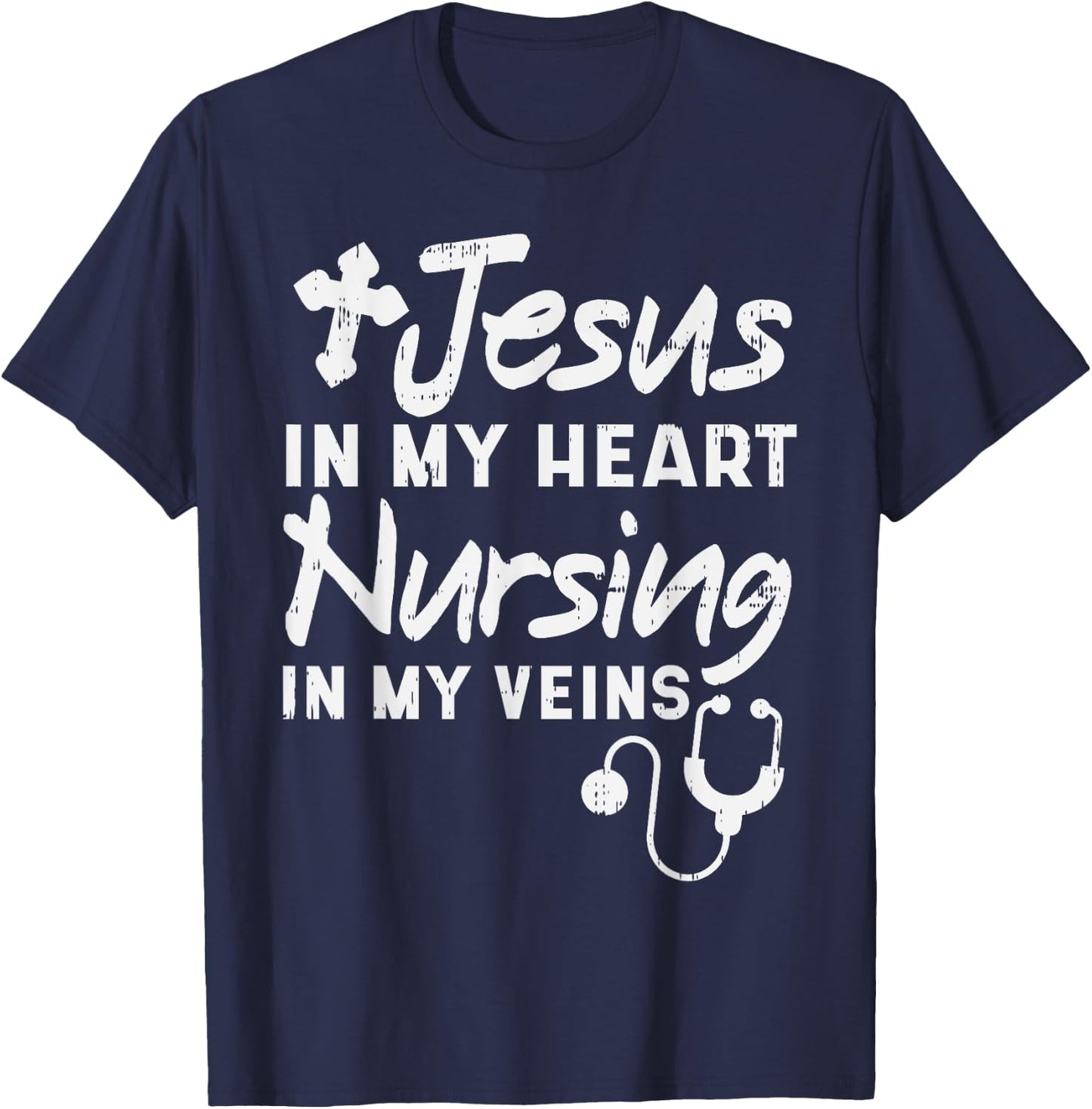 Jesus Heart Nursing Veins Nurse RN God Faith Christian Gift T-Shirt - T-Shirt | Navy