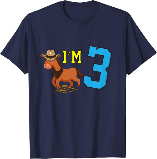 Kids I'm 3 Horse Funny Three Year Old Birthday Cowboy Horseback T-Shirt - T-Shirt | Navy