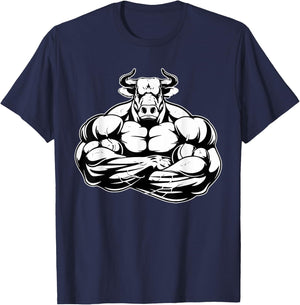 Bull With Muscles Shredded Taurus Fitness Workout Gym Lover T-Shirt - T-Shirt | Navy