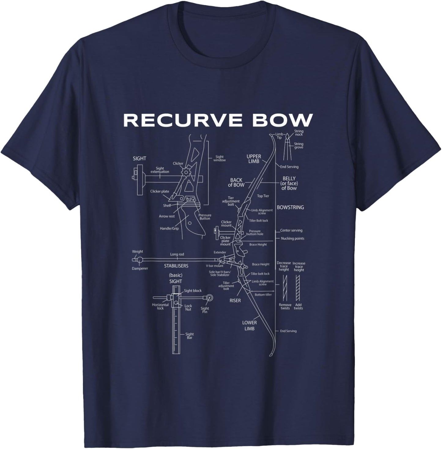 Recurve Bow Schematic Archery Blueprint Bow Hunting T-Shirt - T-Shirt | Navy