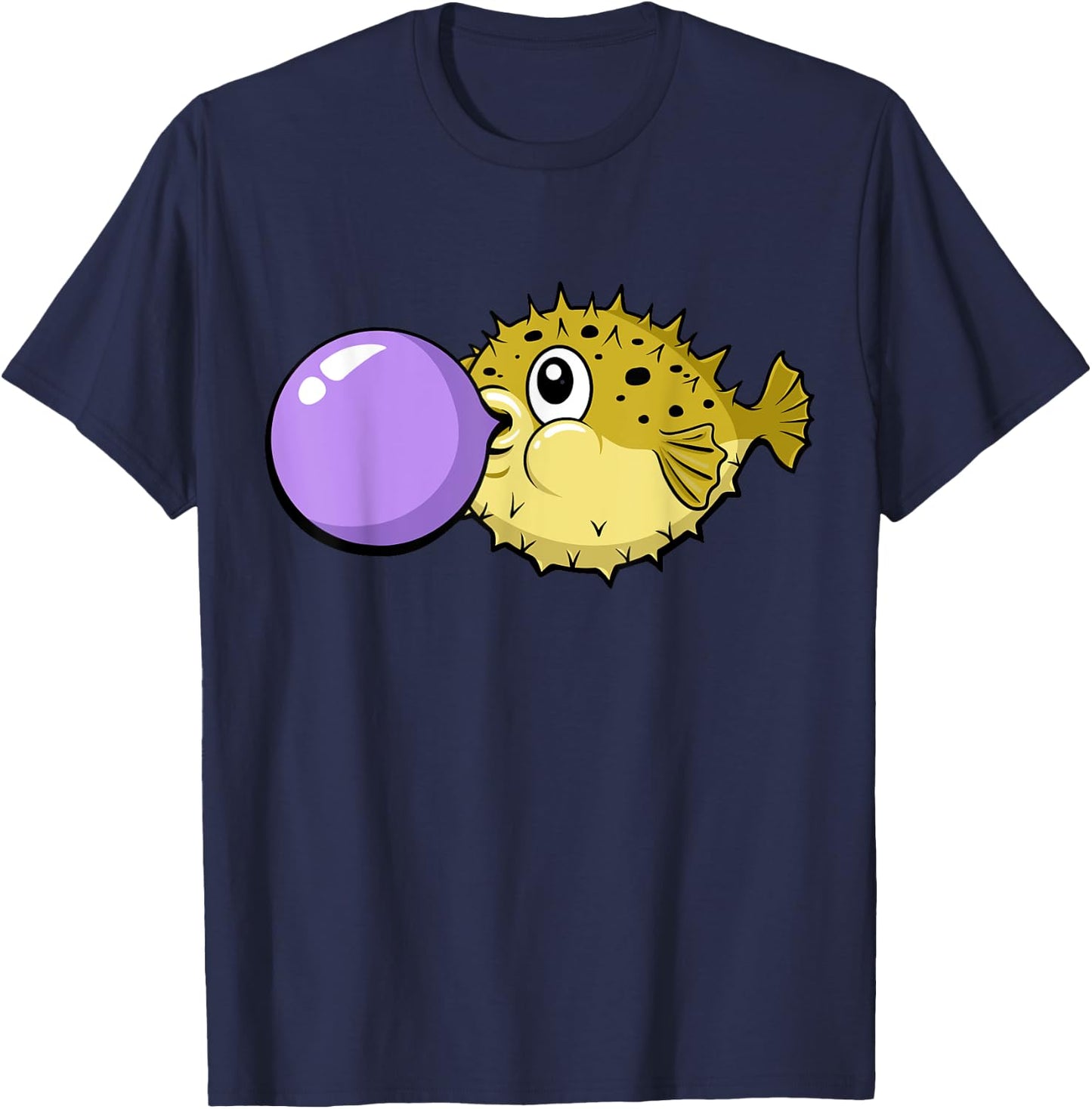 Funny Cute Kawaii Blowfish Pufferfish Gum Bubble T-Shirt - T-Shirt | Navy