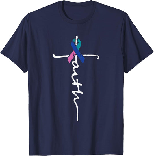 Faith Cross Thyroid Cancer Awareness Warrior Survivor T-Shirt - T-Shirt | Navy