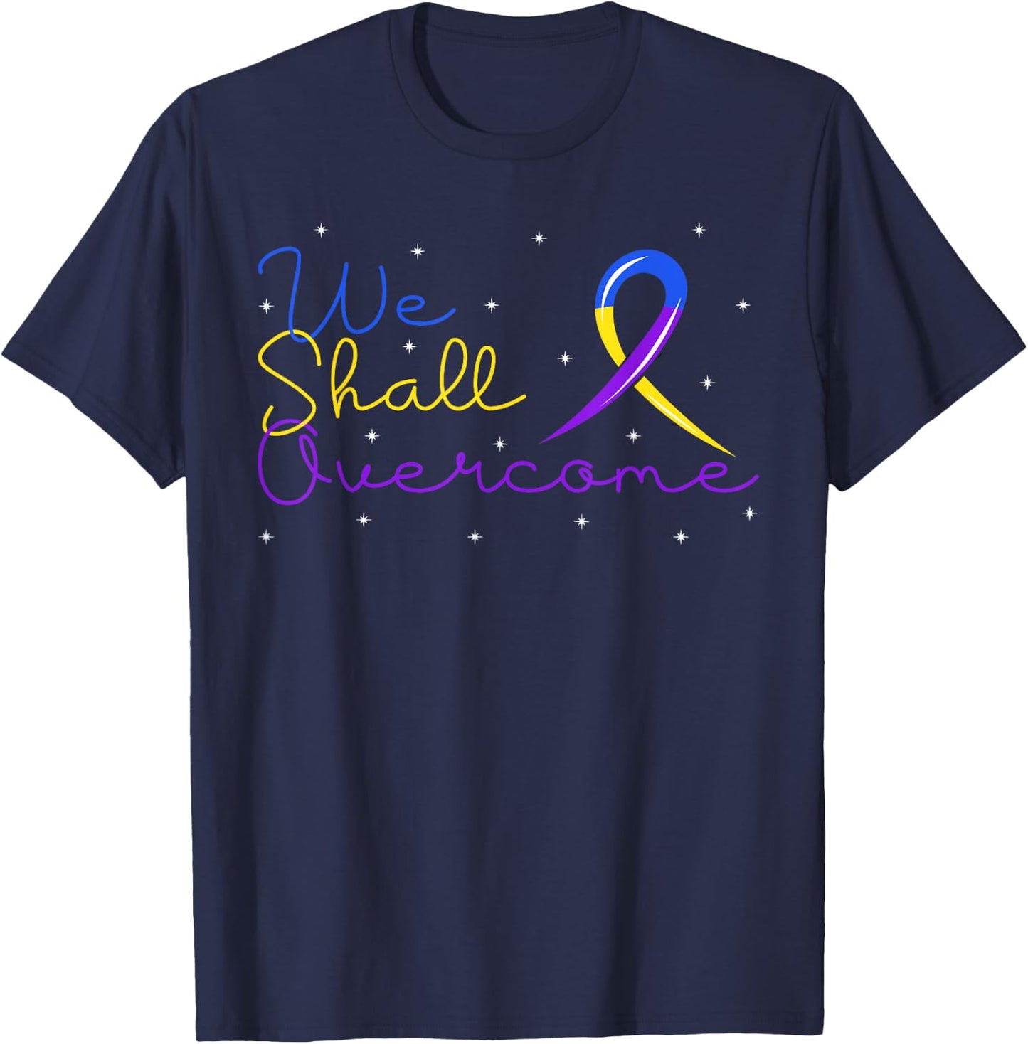 Overcome Bladder Cancer Purple Blue And Yellow Ribbon Gift T-Shirt - T-Shirt | Navy
