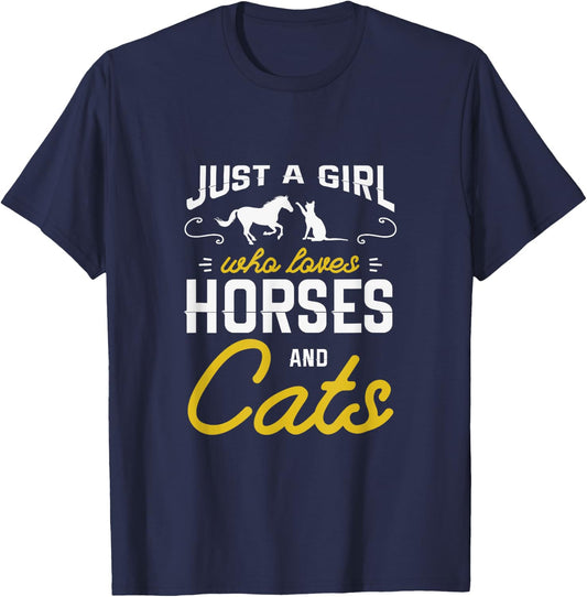 Just a girl who loves horses and cats for a Horse Cat Fan T-Shirt - T-Shirt | Navy