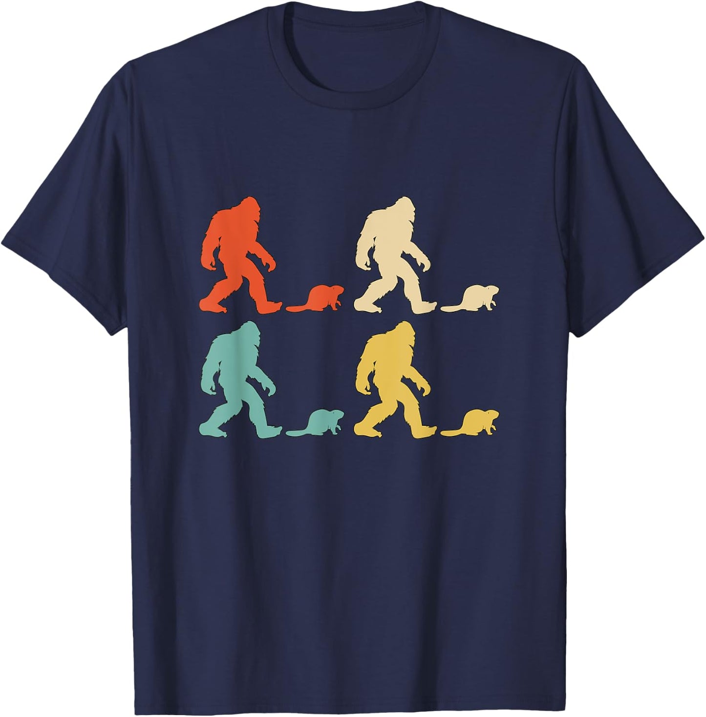 Retro Colors Bigfoot Beaver Gift Sasquatch Beaver T-Shirt - T-Shirt | Navy