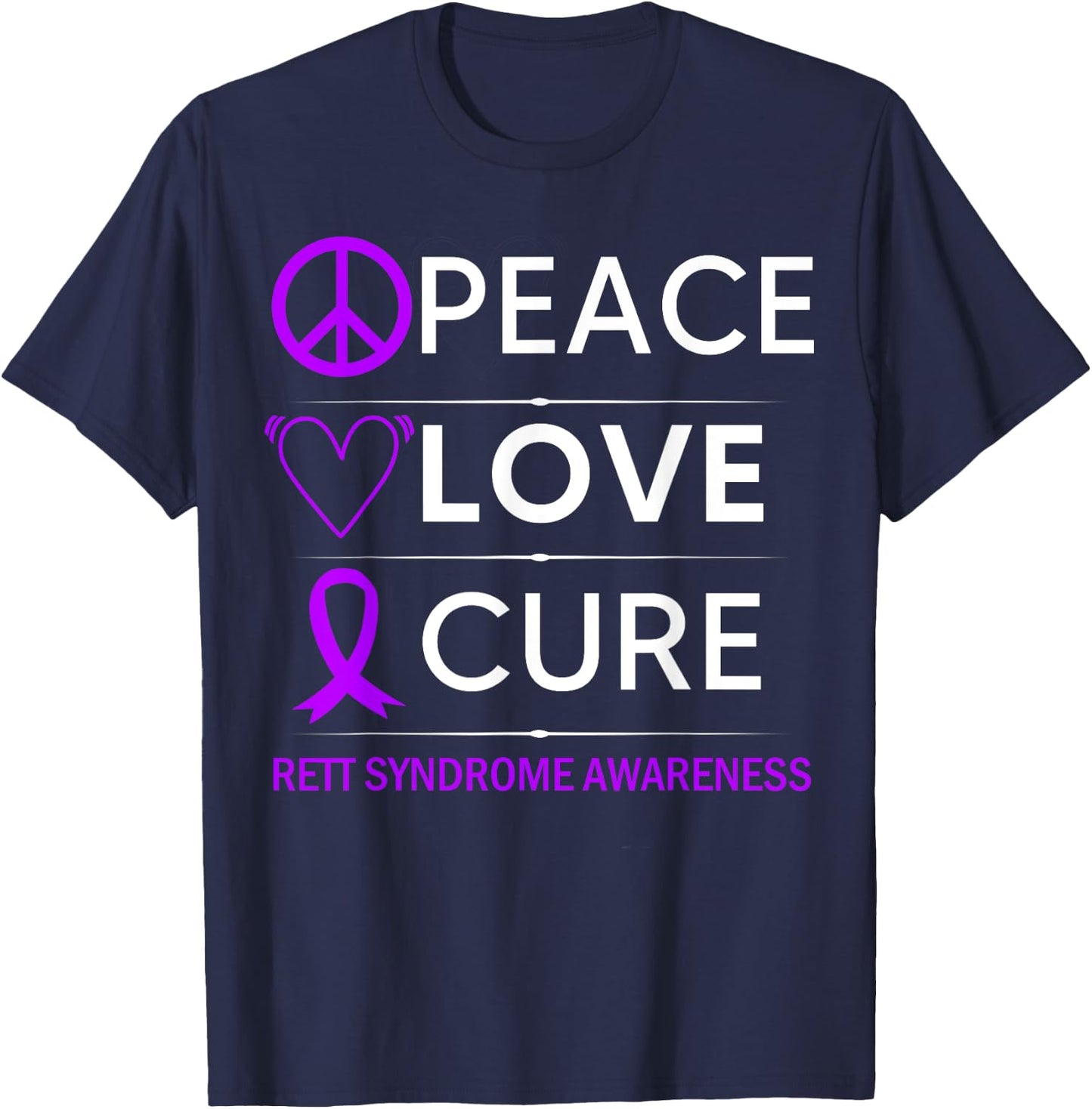 Rett Syndrome Awareness Peace Love Cure Purple Ribbon T-Shirt - T-Shirt | Navy