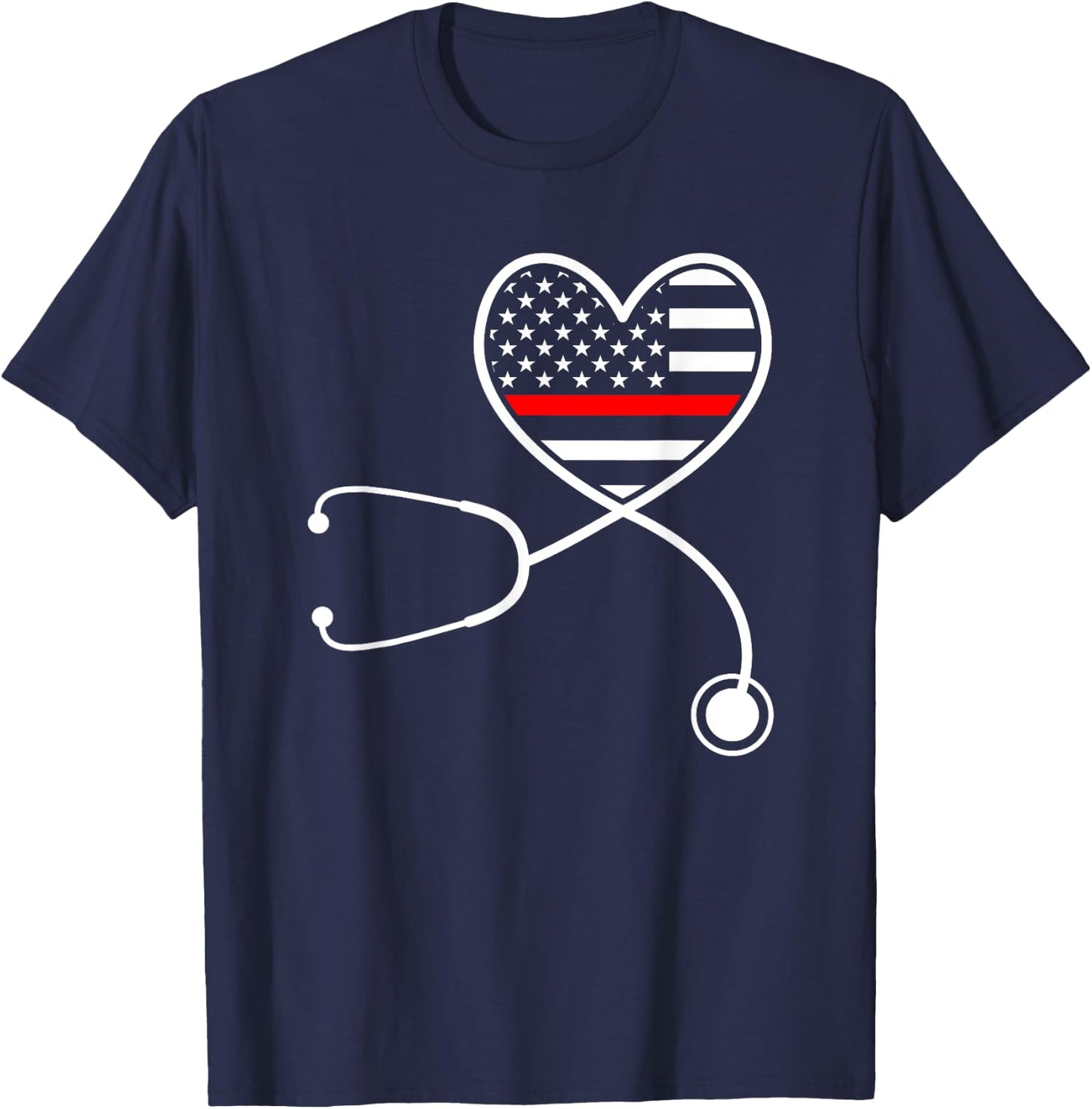 Firefighter Wife Nurse Life Stethoscope Red Line Heart T-Shirt - T-Shirt | Navy