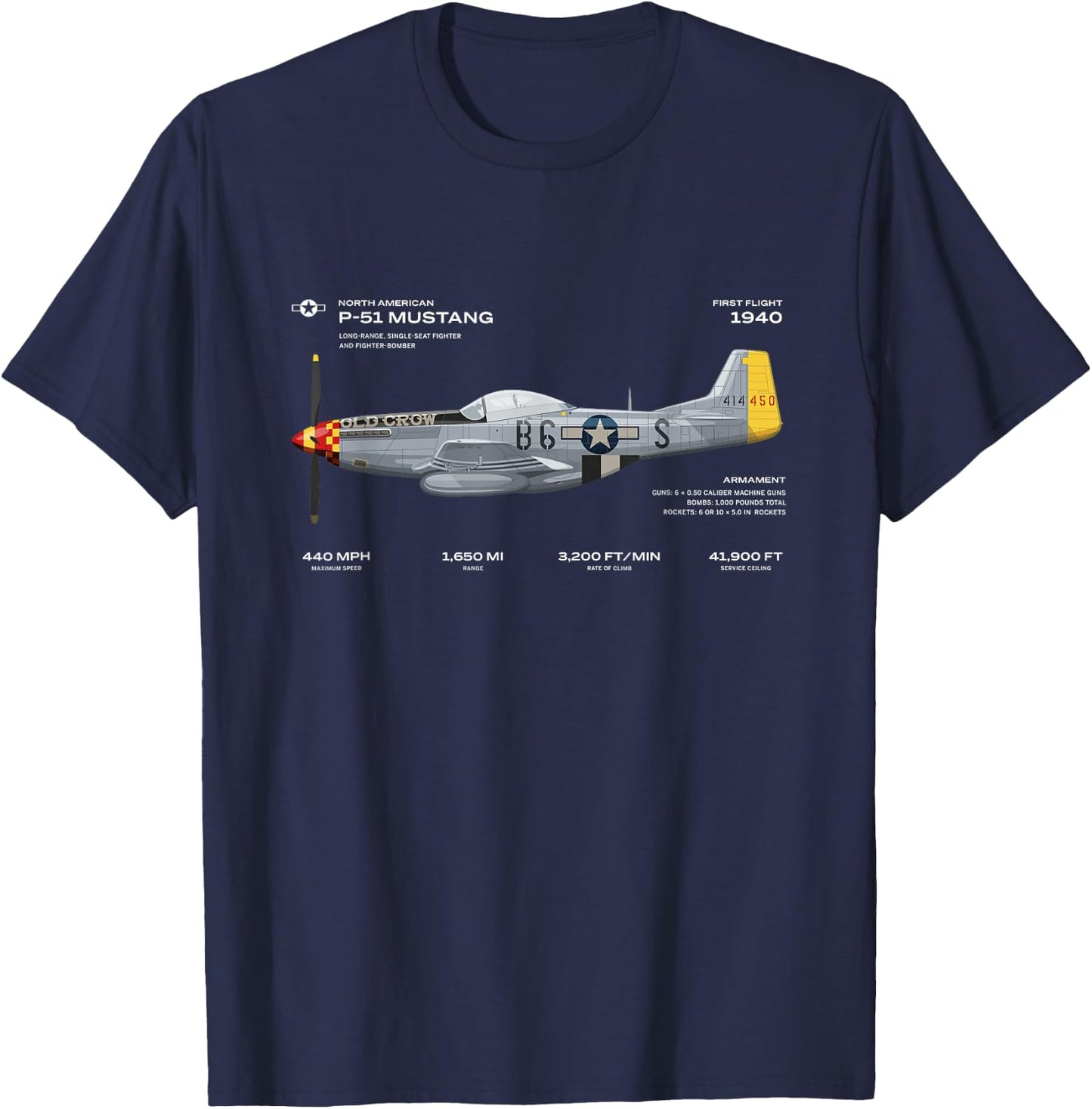 P-51 Mustang WWII Aeroplane Historical Warbird Fighter T-Shirt - T-Shirt | Navy