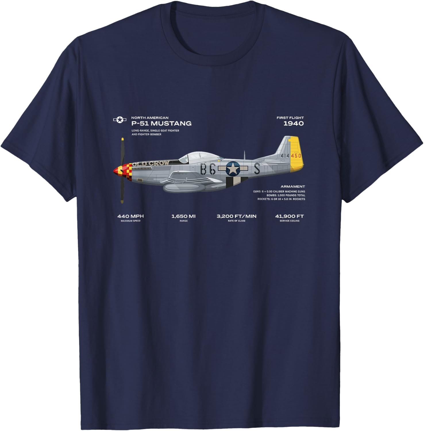 P-51 Mustang WWII Aeroplane Historical Warbird Fighter T-Shirt - T-Shirt | Navy