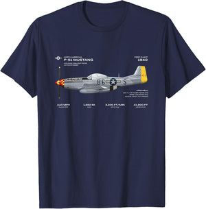 P-51 Mustang WWII Aeroplane Historical Warbird Fighter T-Shirt - T-Shirt | Navy