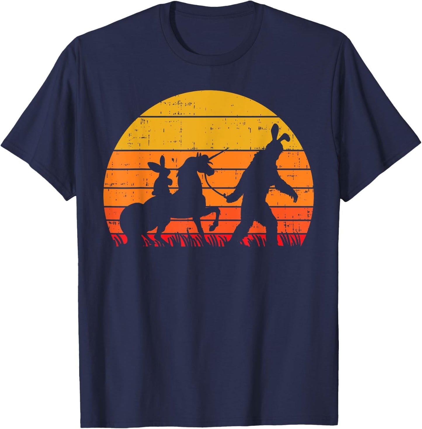 Bigfoot Unicorn Easter Bunny Retro Sunset Funny Beileve Gift T-Shirt - T-Shirt | Navy