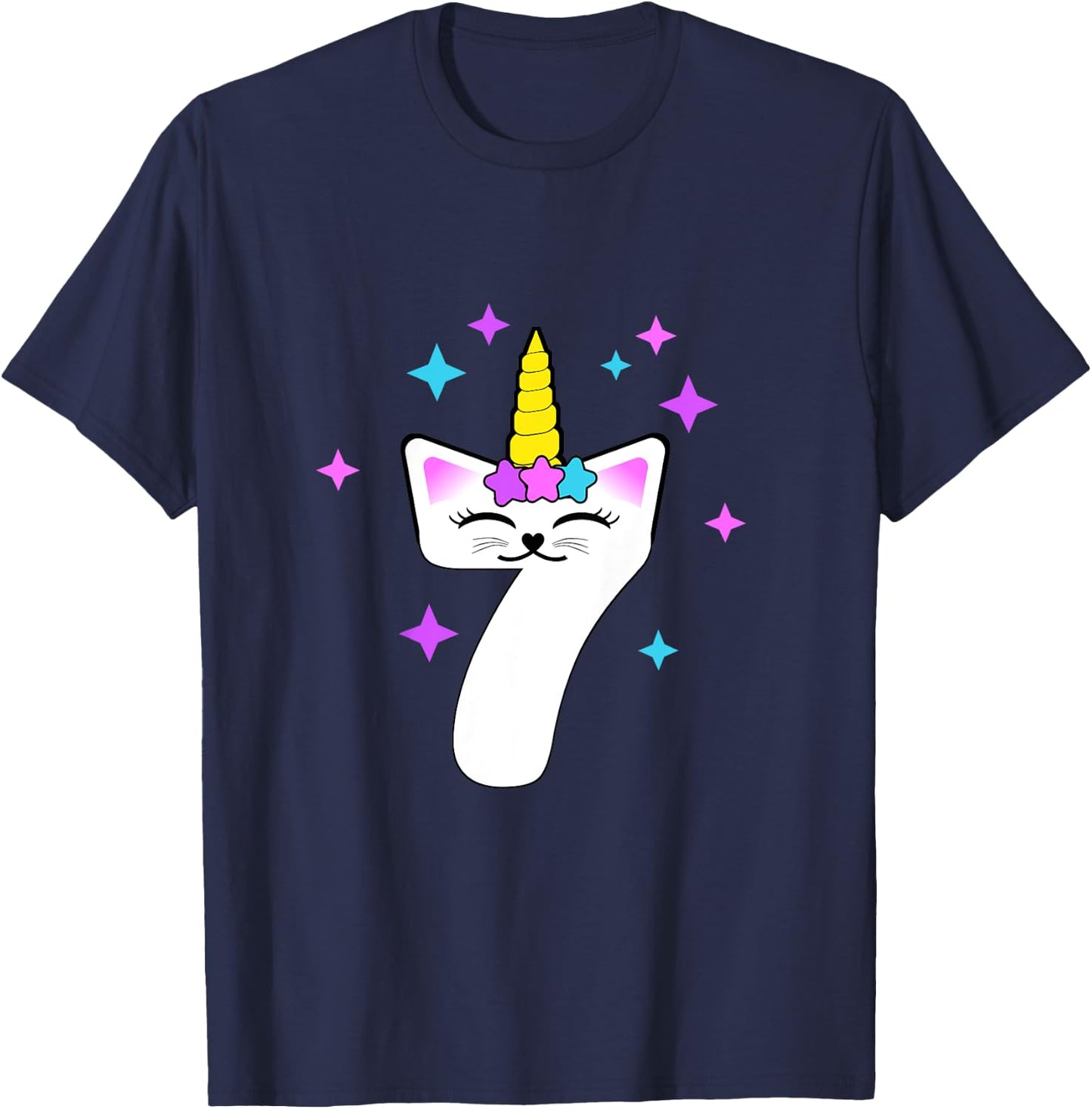 7 Year Old Cat Unicorn Caticorn 7th Birthday Party Girls T-Shirt - T-Shirt | Navy