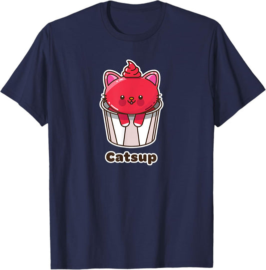 Kawaii Cat Catsup Ketchup Cute Fun Japanese Food Pun Gift Women Kids T-Shirt - T-Shirt | Navy