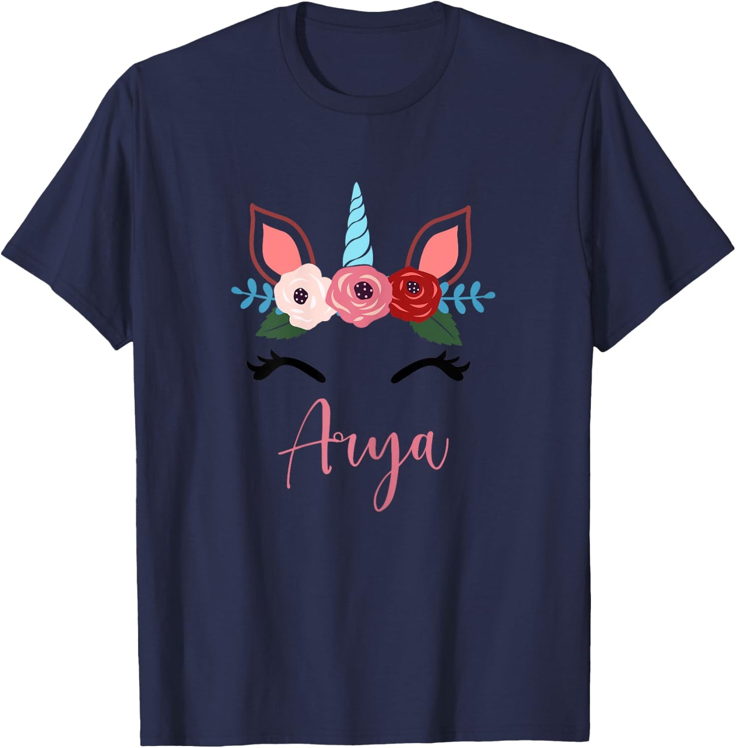 Cute Arya Magical Floral Unicorn For Girls T-Shirt - T-Shirt | Navy