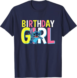 Disney Lilo & Stitch Birthday Girl Cute Stitch Text Logo T-Shirt - T-Shirt | Navy