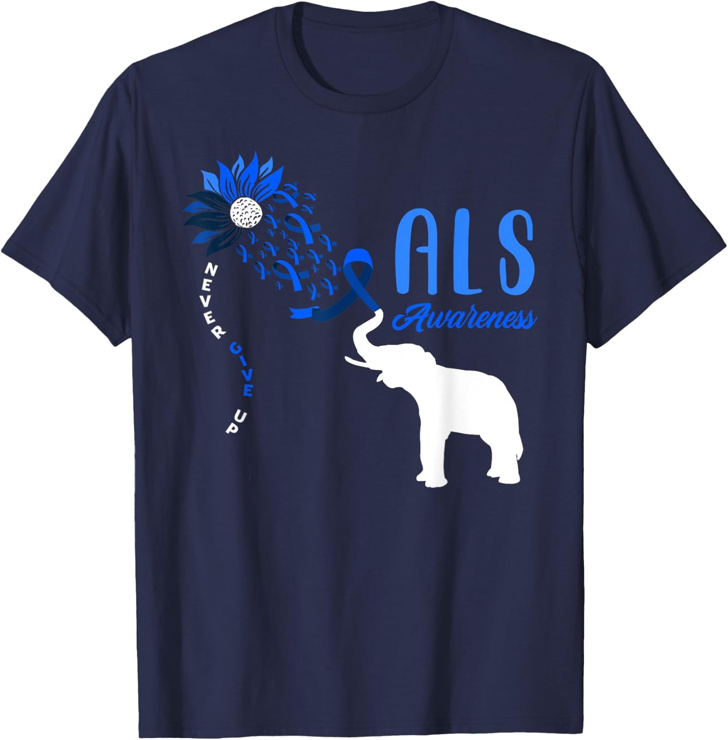Blue Ribbon Elephant ALS Warrior Support ALS Awareness T-Shirt - T-Shirt | Navy