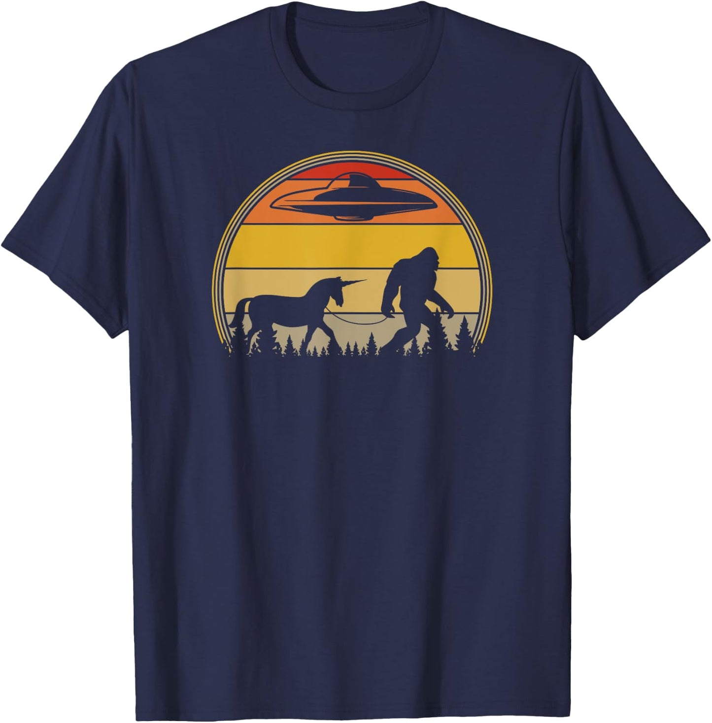 Retro Sunset Unicorns, Aliens, UFOs, Bigfoot T-Shirt - T-Shirt | Navy