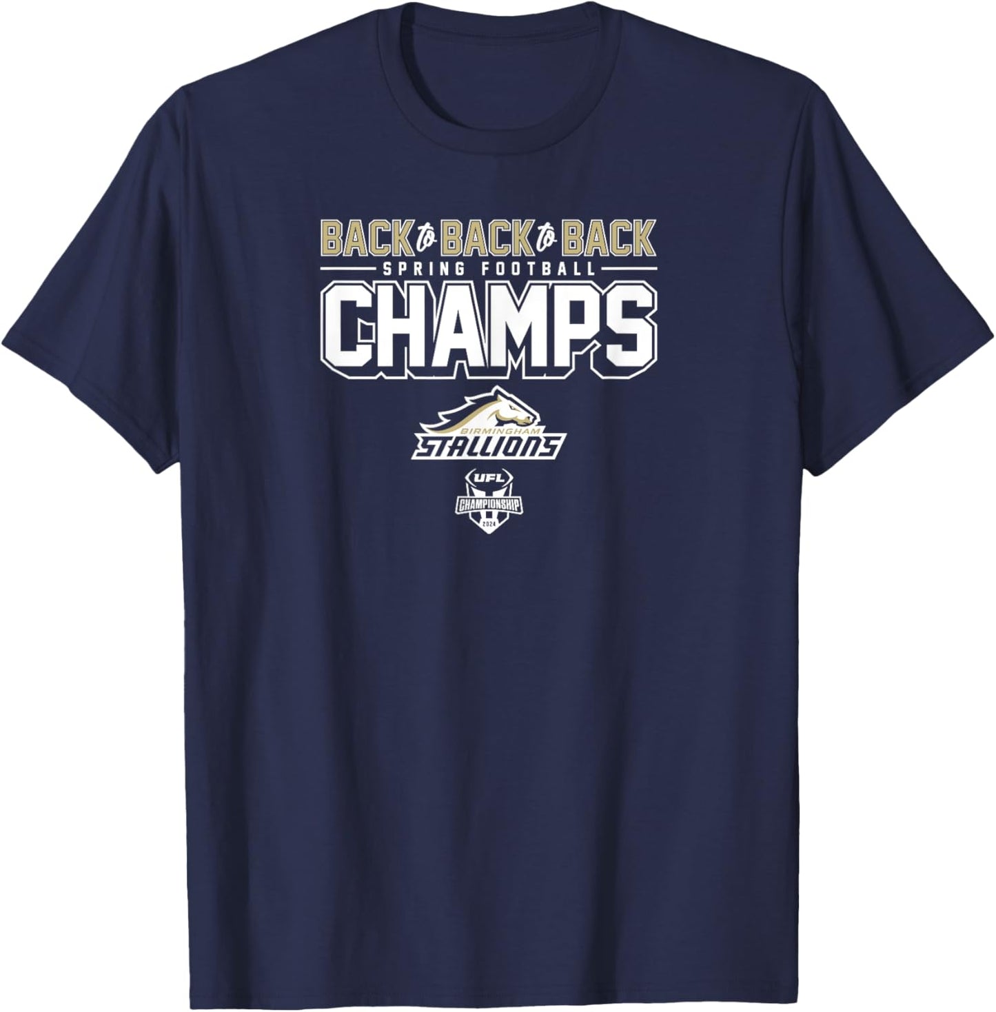 Birmingham Stallions - Back-to-Back-to-Back Spring Champs T-Shirt - T-Shirt | Navy
