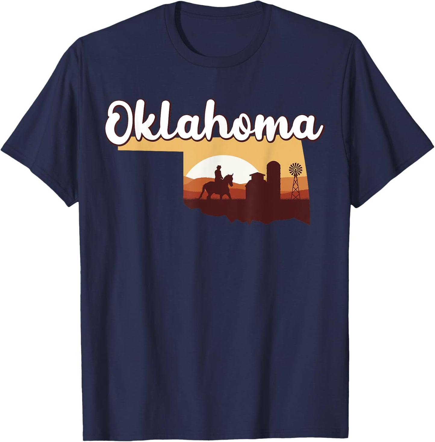 Oklahoma Map Horse Riding Cowboy Barn Windmill Souvenir T-Shirt - T-Shirt | Navy