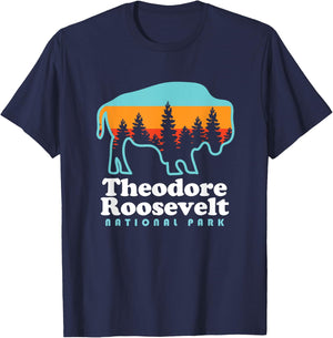 Theodore Roosevelt National Park Camping Bison Retro T-Shirt - T-Shirt | Navy