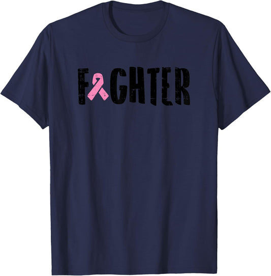 Fighter Pink Ribbon Breast Cancer Awareness Warrior Gift T-Shirt - T-Shirt | Navy