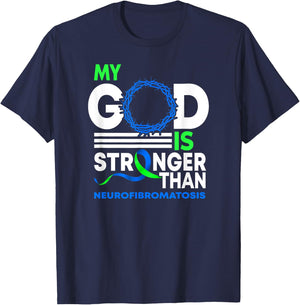 My God Is Stronger Than Neurofibromatosis Awareness Ribbon T-Shirt - T-Shirt | Navy