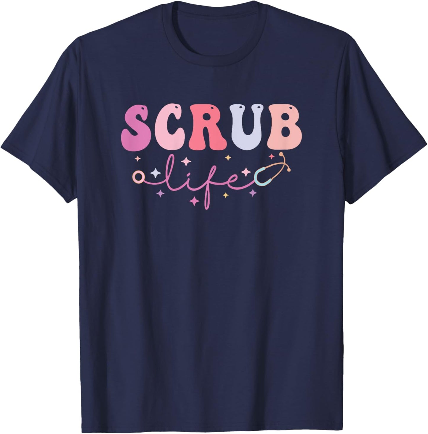 Scrub Life Nurse Stethoscope Retro Groovy Nurse Gifts T-Shirt - T-Shirt | Navy
