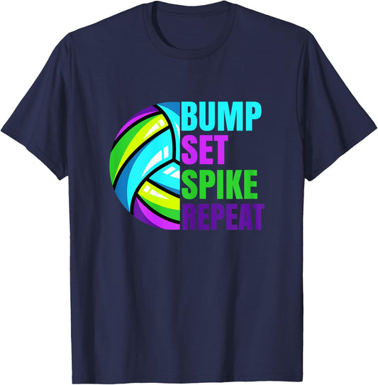 Girls Volleyball Bump Set Spike Repeat Blue Purple Teen T-Shirt - T-Shirt | Navy