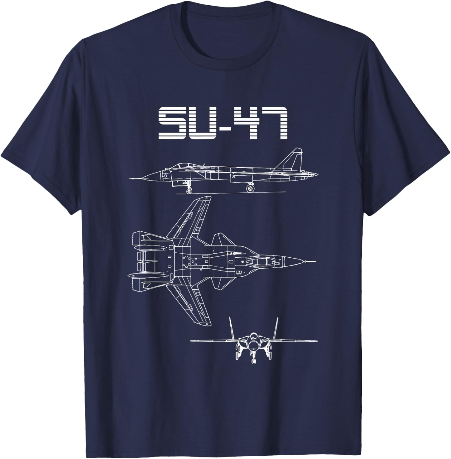 Su-47 Fighter Plane Warbird Blueprint Schematics Diagram T-Shirt - T-Shirt | Navy