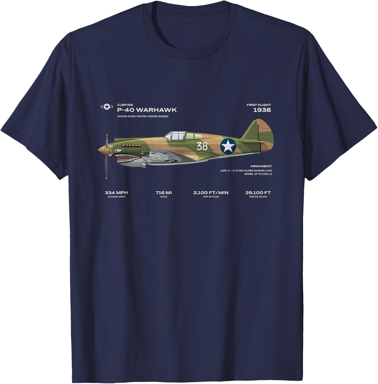 P-40 Warhawk US WWII Airplane Historic War Bird Fighter bomb T-Shirt - T-Shirt | Navy