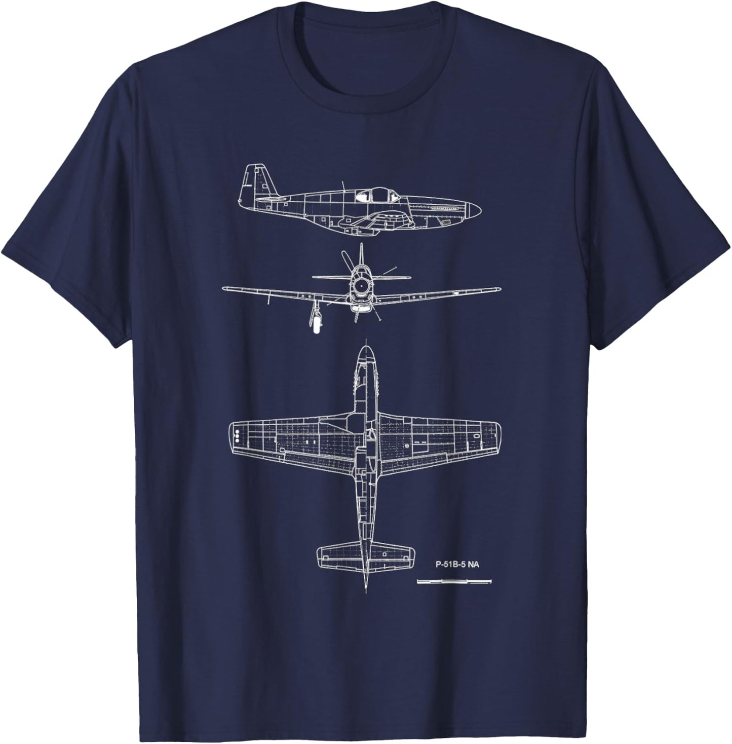 North American P-51 Mustang WW2 Fighter Blueprint T-Shirt - T-Shirt | Navy