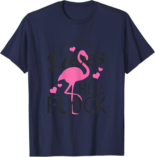 Teacher Flamingo This Teacher Loves Her Flock Funny Gift T-Shirt - T-Shirt | Navy