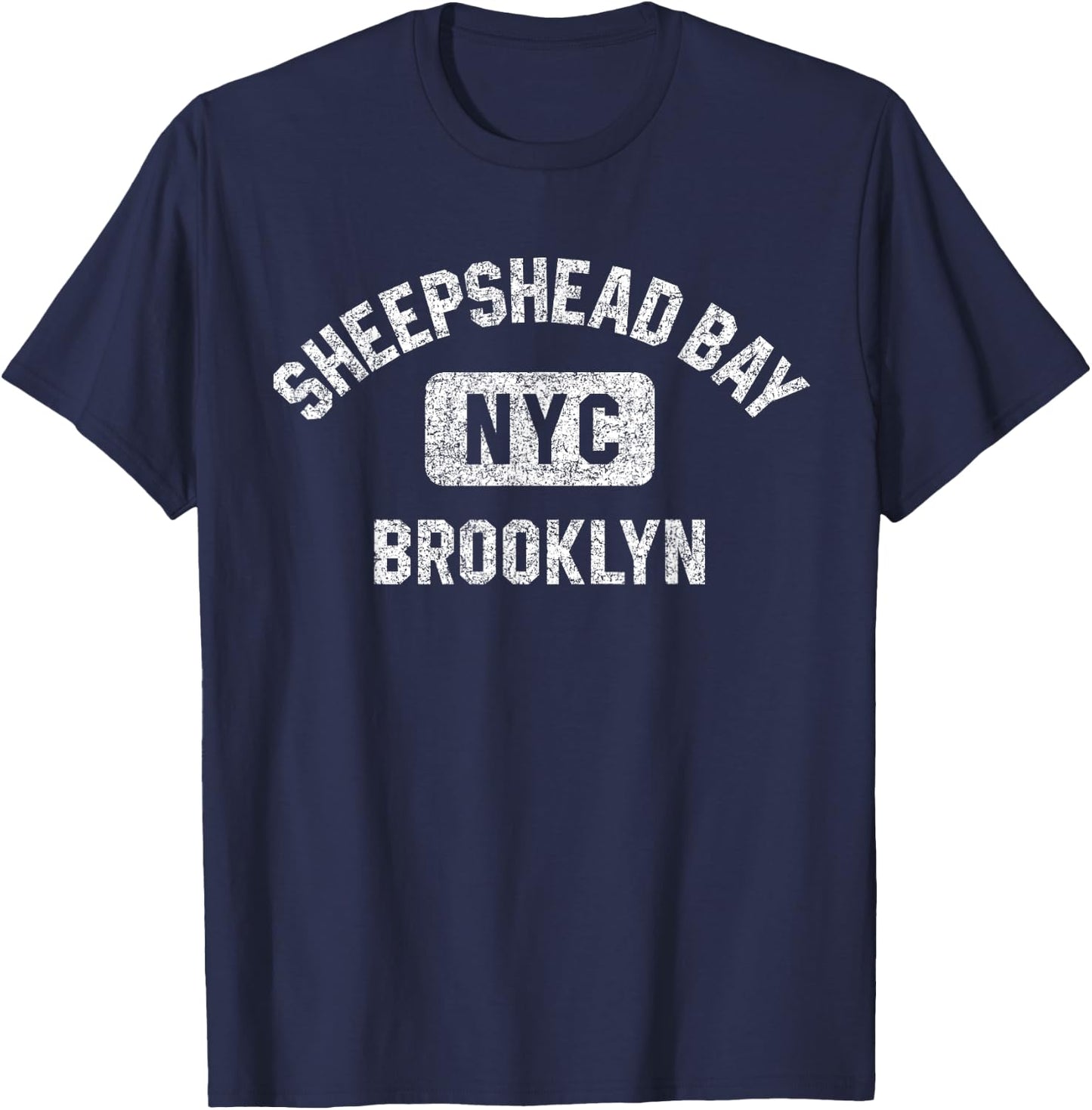 Sheepshead Bay Brooklyn NYC Gym Style Distressed White Print T-Shirt - T-Shirt | Navy