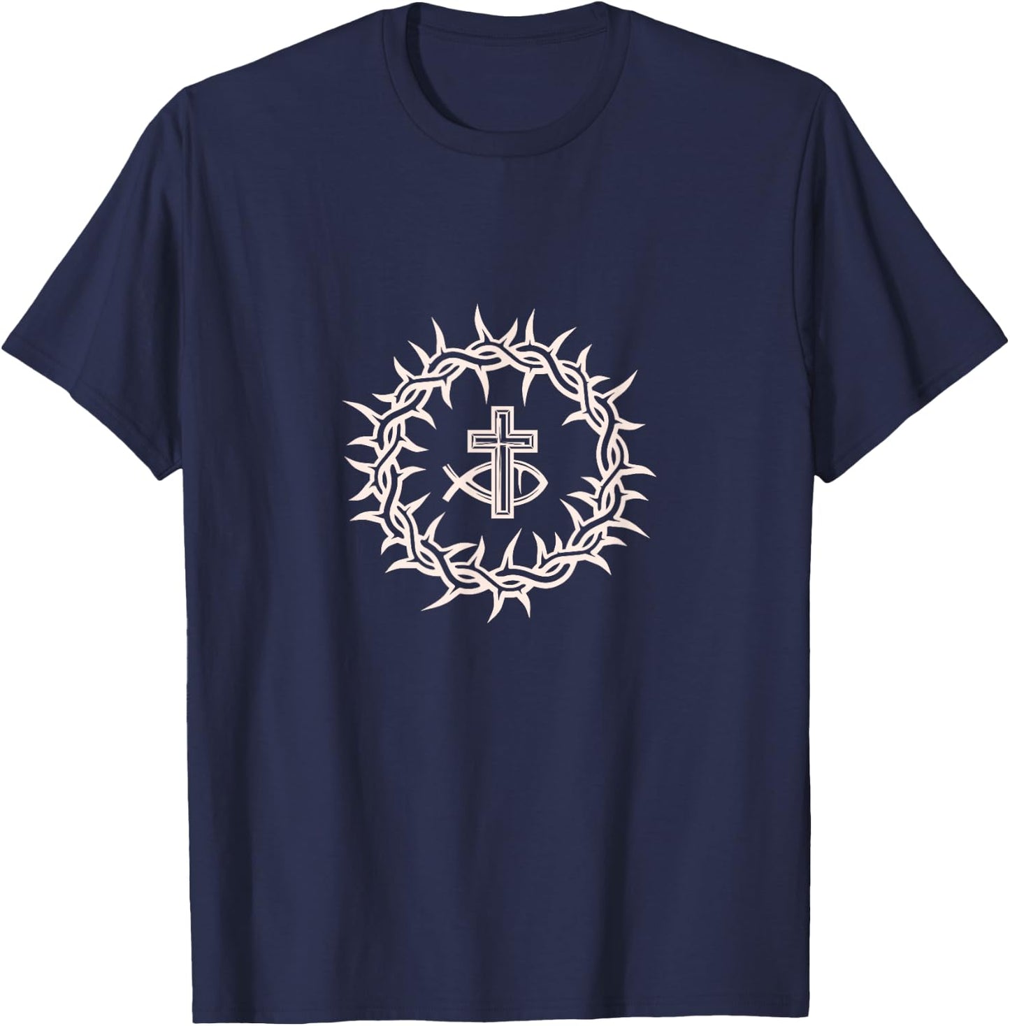Crown of Thorn Ichthys Jesus Christ God Christianity Crucifix T-Shirt - T-Shirt | Navy