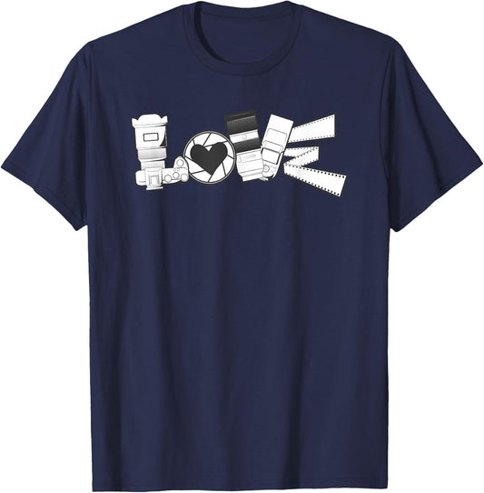 Love Photography Spelled With Mirrorless Dslr Camera Flash T-Shirt - T-Shirt | Navy