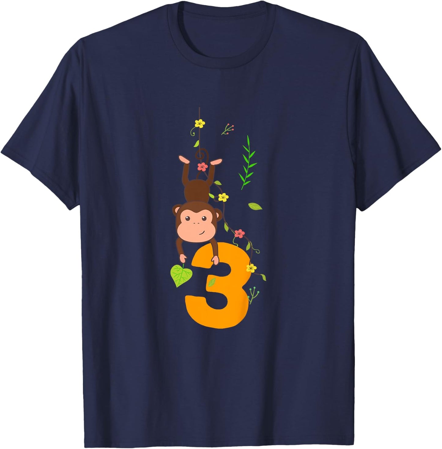 Kids Funny Cute Monkey Lover 3rd Birthday Three 3 Yr 3 Year Old T-Shirt - T-Shirt | Navy