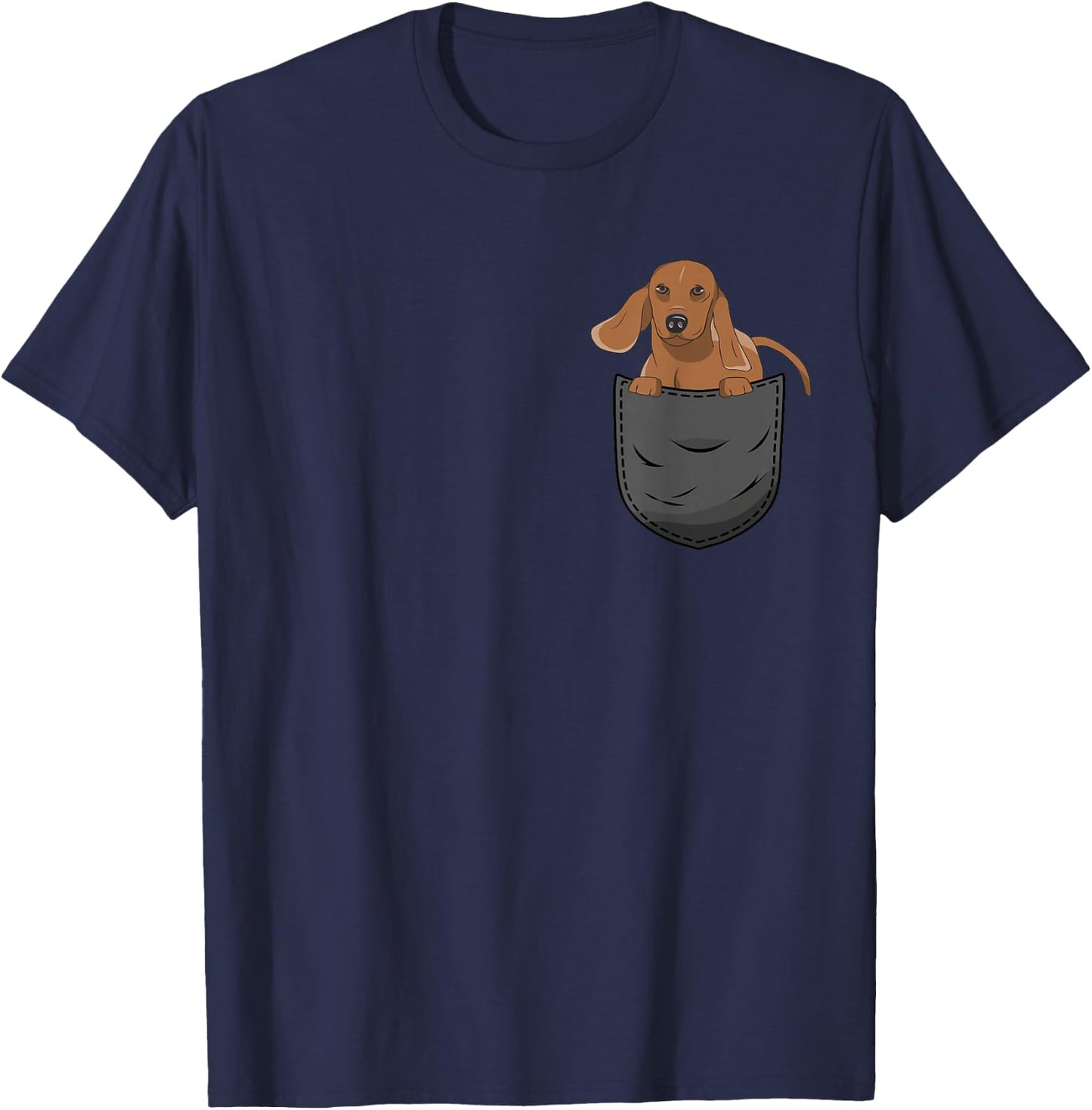 Dachshund Pocket Clothing Dachshund Pocket - Adults - Black - Short Sleeve - Cartoon Dachshund - - Classic Fit - All Seasons - Imported - Cotton Blend - Machine Wash - Small T-Shirt - T-Shirt | Navy