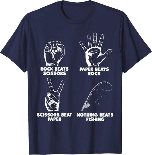 Nothing Beats Fishing Rock Paper Scissors Funny Meme T-Shirt - T-Shirt | Navy