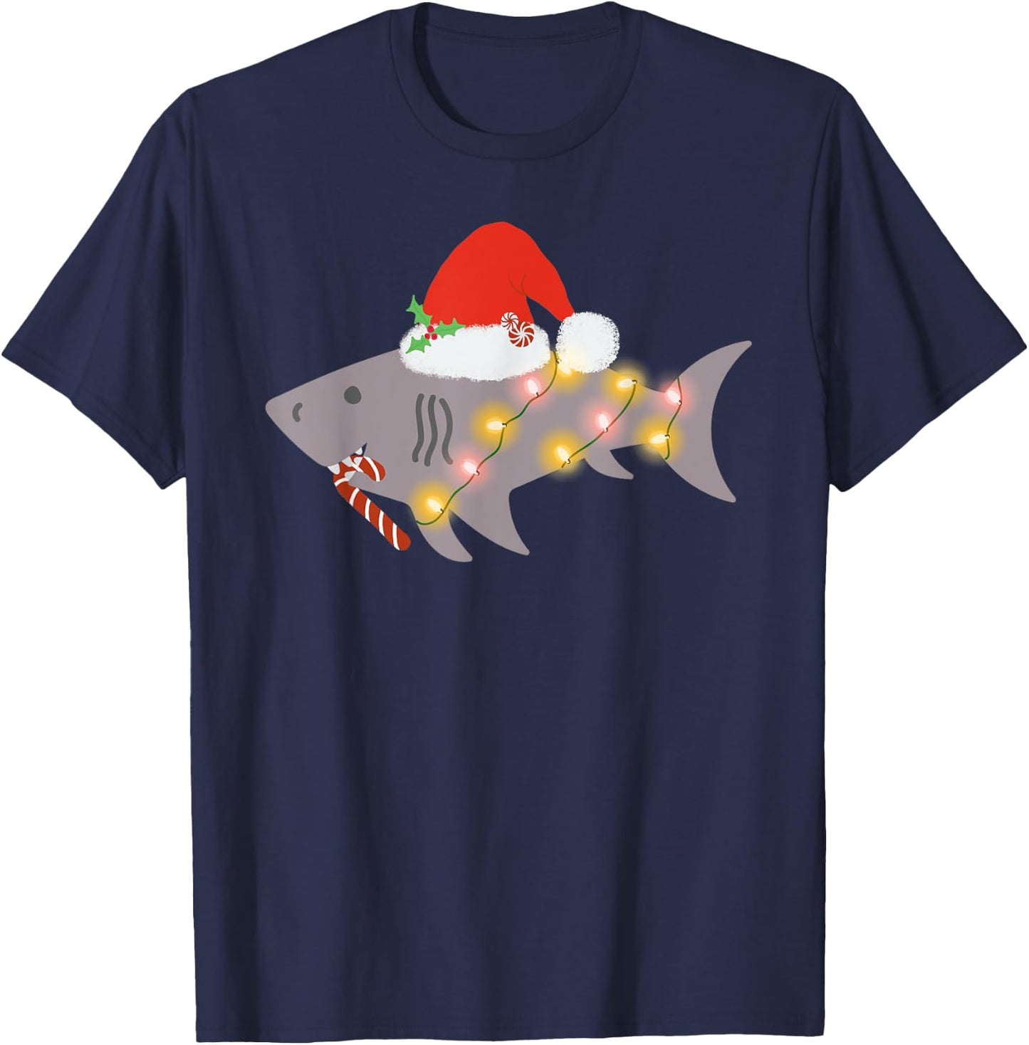 Shark Santa Hat Candy Cane Peppermint Candies Christmas T-Shirt - T-Shirt | Navy